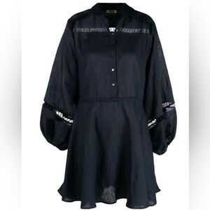 Boteh Mini Linen Shirt Dress Navy Blue Size 4